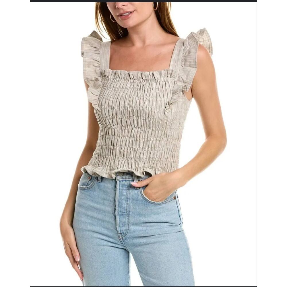 Line & Dot Eileen ruffle sleeve cropped smock top womens beige Sz XS cottagecore